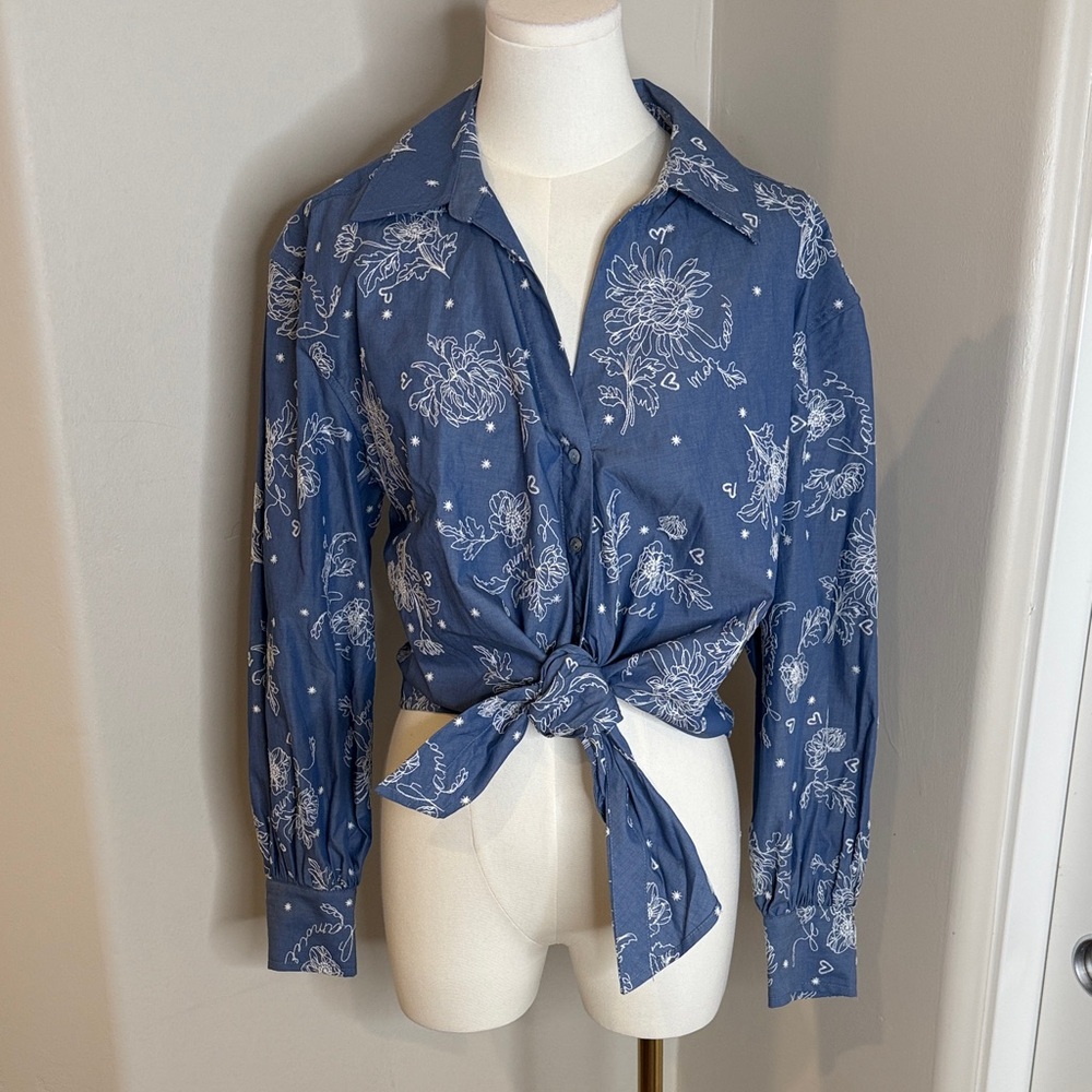 Front tie Blue Button-Up Shirt